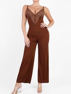 Popilush Chocolate Brown Shapewear Lace Deep V-Neck Sculpting Wide Leg Jumpsuit